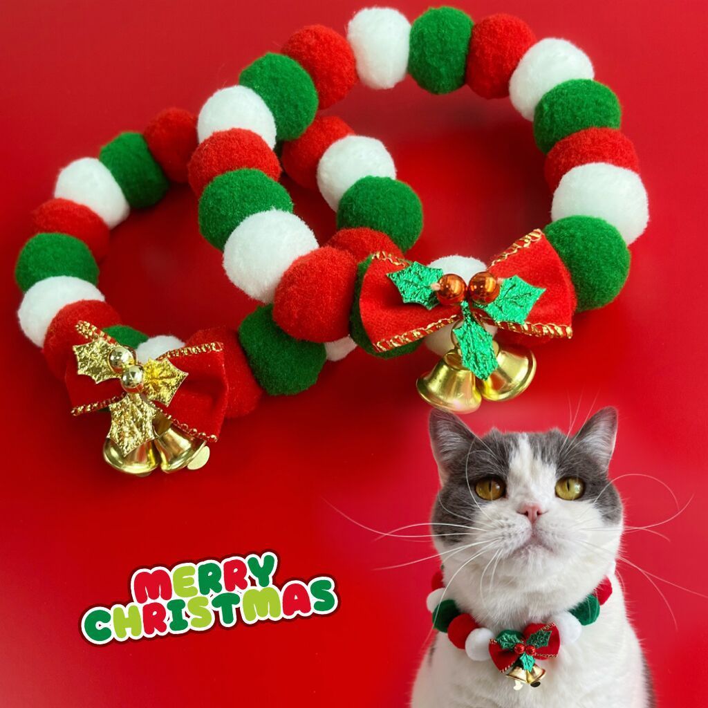 Christmas Pet Collar with Plush Ball & Bow