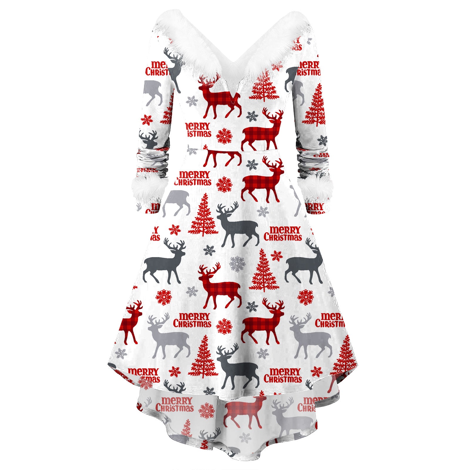 Women's Christmas V-Neck Long Sleeve Dress