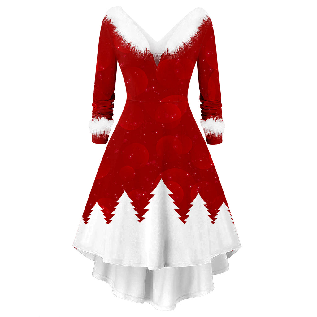 Women's Christmas V-Neck Long Sleeve Dress